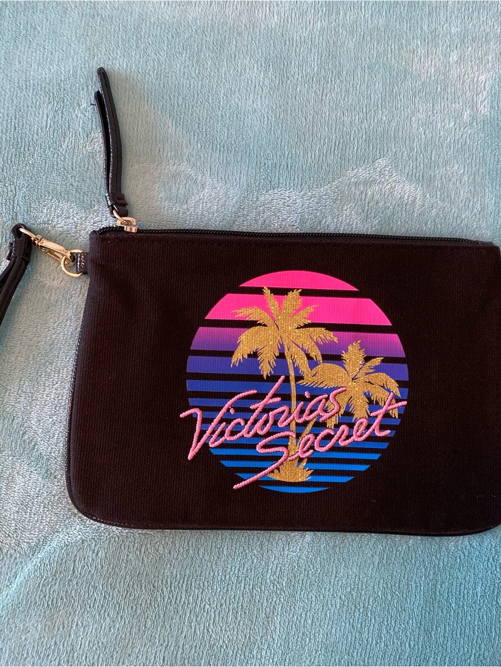NWOT Victoria's Secret Black Wristlet with Pink & Blue Palm Graphic